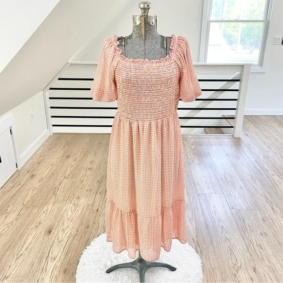 open lace back dress Cotton Blush Pink Floral Midi Sundress with Pockets– PromGirl main image 1